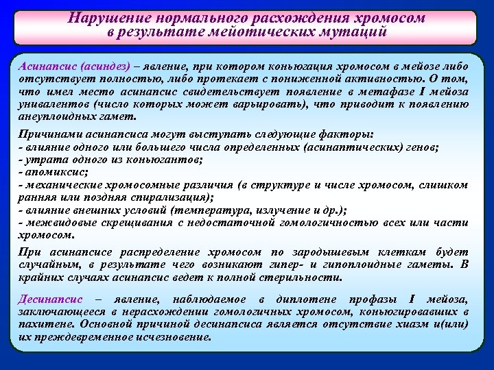 Нарушение нормального расхождения хромосом в результате мейотических мутаций Асинапсис (асиндез) – явление, при котором