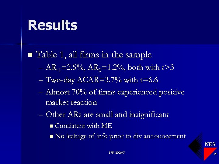 Results n Table 1, all firms in the sample – AR-1=2. 5%, AR 0=1.