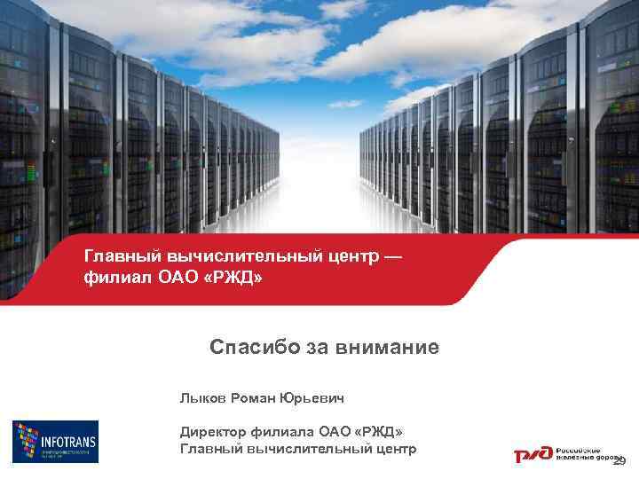 Главный вычислительный центр — филиал ОАО «РЖД» Спасибо за внимание Лыков Роман Юрьевич Директор