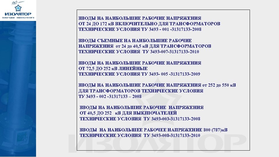 ВВОДЫ НА НАИБОЛЬШИЕ РАБОЧИЕ НАПРЯЖЕНИЯ ОТ 24 ДО 172 к. В ВКЛЮЧИТЕЛЬНО ДЛЯ ТРАНСФОРМАТОРОВ