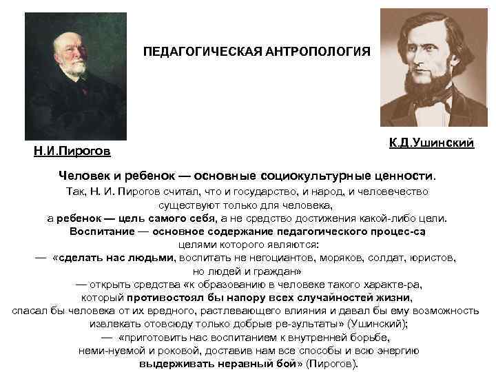 ПЕДАГОГИЧЕСКАЯ АНТРОПОЛОГИЯ Н. И. Пирогов К. Д. Ушинский Человек и ребенок — основные социокультурные