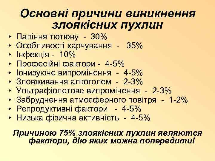 Основні причини виникнення злоякісних пухлин • • • Паління тютюну - 30% Особливості харчування