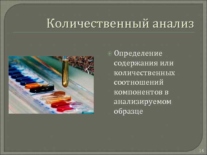 Количественный анализ Определение содержания или количественных соотношений компонентов в анализируемом образце 14 