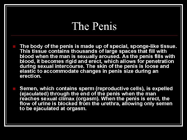 The Penis n The body of the penis is made up of special, sponge-like
