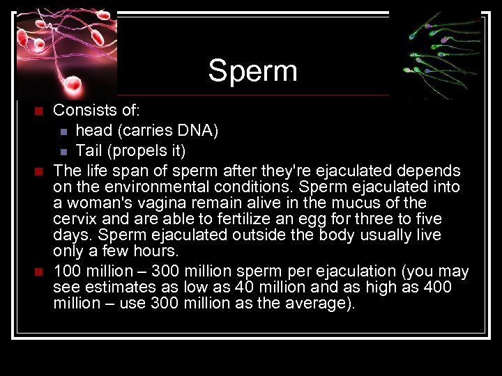 Sperm n n n Consists of: n head (carries DNA) n Tail (propels it)