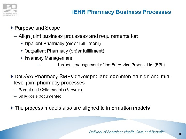 i. EHR Pharmacy Business Processes 4 Purpose and Scope – Align joint business processes