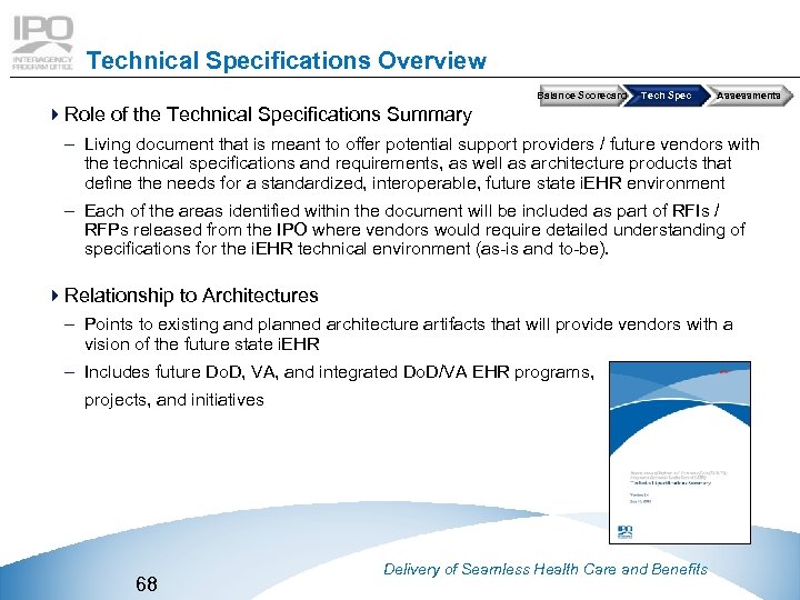 Technical Specifications Overview Balance Scorecard Tech Spec Assessments 4 Role of the Technical Specifications