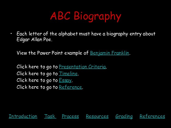 ABC Biography • Each letter of the alphabet must have a biography entry about