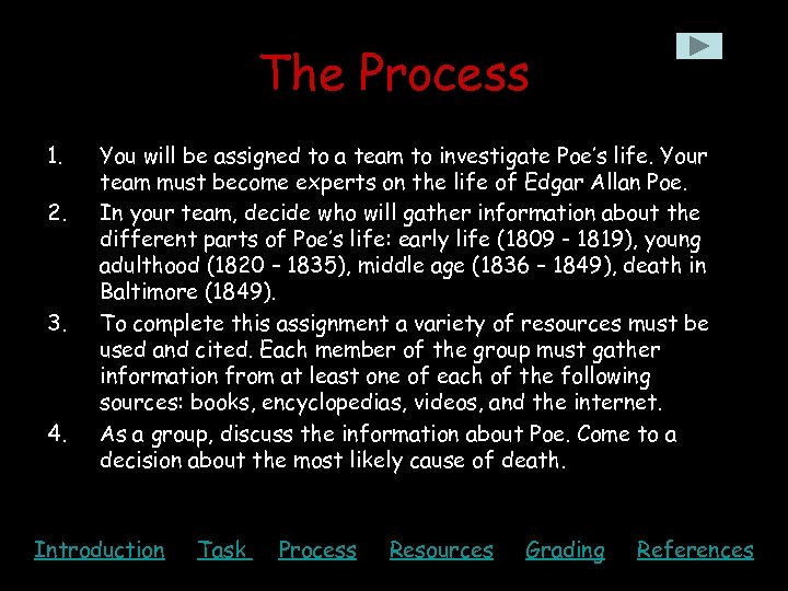 The Process 1. 2. 3. 4. You will be assigned to a team to