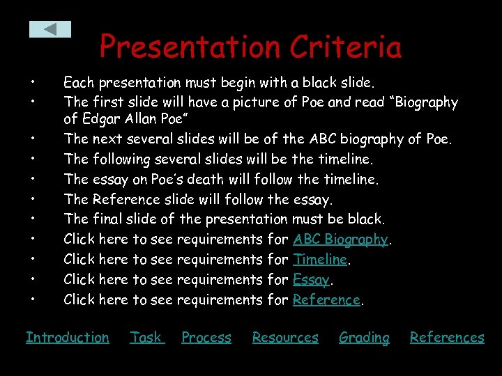 Presentation Criteria • • • Each presentation must begin with a black slide. The