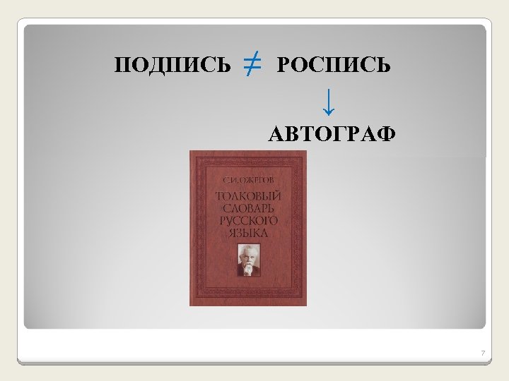 ПОДПИСЬ = РОСПИСЬ = АВТОГРАФ ПОДПИСЬ ≠ РОСПИСЬ ↓ АВТОГРАФ ? 7 