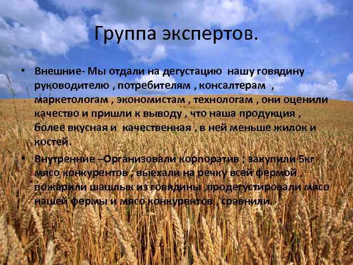 Группа экспертов. • Внешние- Мы отдали на дегустацию нашу говядину руководителю , потребителям ,