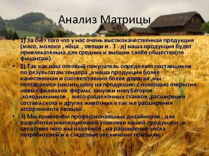 Анализ Матрицы • 1) За счёт того что у нас очень высококачественная продукция (мясо,