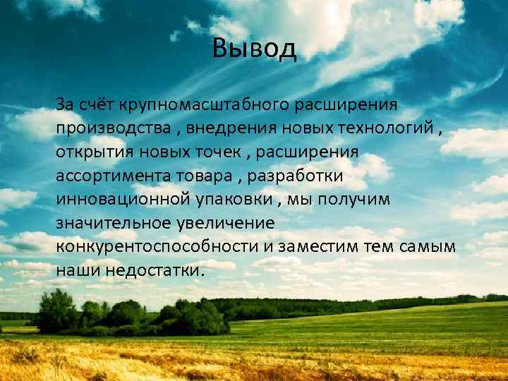 Вывод За счёт крупномасштабного расширения производства , внедрения новых технологий , открытия новых точек