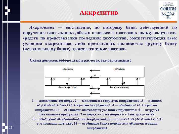 Аккредитив — соглашение, по которому банк, действующий по поручению плательщика, обязан произвести платежи в