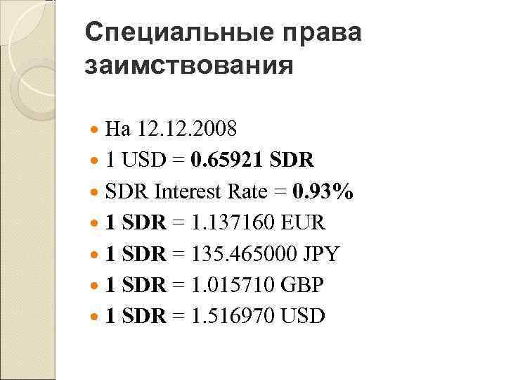 Специальные права заимствования На 12. 2008 1 USD = 0. 65921 SDR Interest Rate
