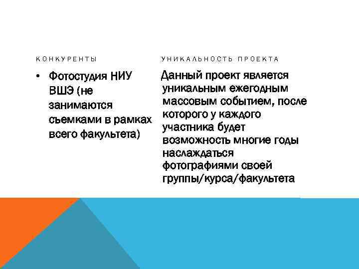 КОНКУРЕНТЫ УНИКАЛЬНОСТЬ ПРОЕКТА • Фотостудия НИУ ВШЭ (не занимаются съемками в рамках всего факультета)