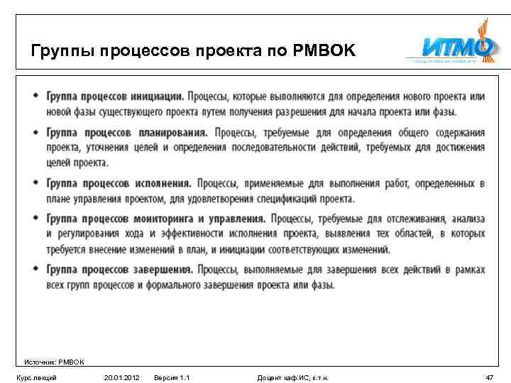 Группы процессов проекта по PMBOK Источник: PMBOK Курс лекций 20. 01. 2012 Версия 1.