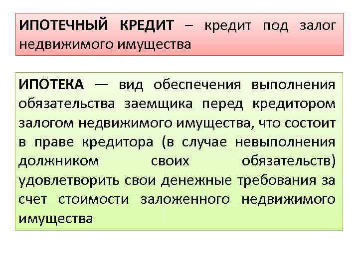 ИПОТЕЧНЫЙ КРЕДИТ – кредит под залог недвижимого имущества ИПОТЕКА — вид обеспечения выполнения обязательства