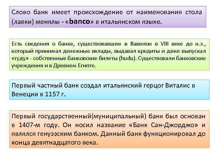 Слово банк имеет происхождение от наименования стола (лавки) менялы - «banco» в итальянском языке.