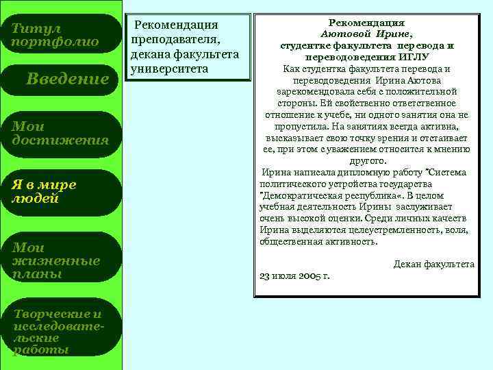 Титул портфолио Введение Мои достижения Я в мире людей Мои жизненные планы Творческие и