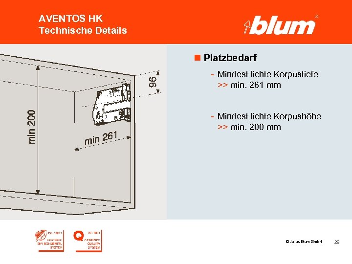 AVENTOS HK Technische Details n Platzbedarf - Mindest lichte Korpustiefe >> min. 261 mm