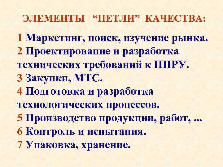 ЭЛЕМЕНТЫ “ПЕТЛИ” КАЧЕСТВА: 1 Маркетинг, поиск, изучение рынка. 2 Проектирование и разработка технических требований