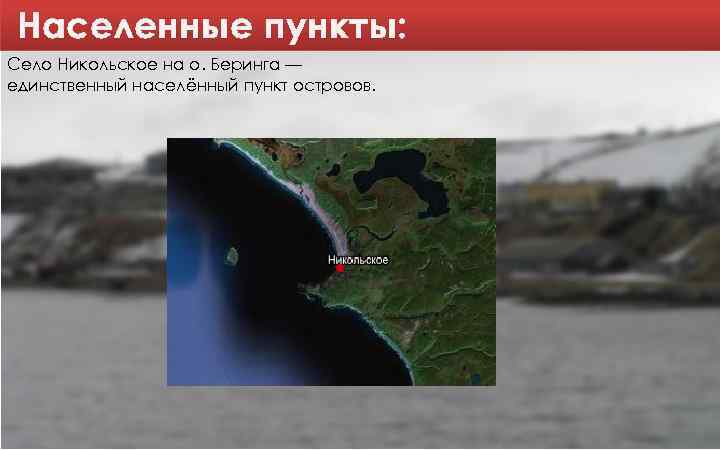 Населенные пункты: Село Никольское на о. Беринга — единственный населённый пункт островов. 