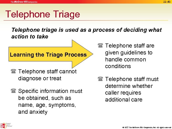 11 -45 Telephone Triage Telephone triage is used as a process of deciding what