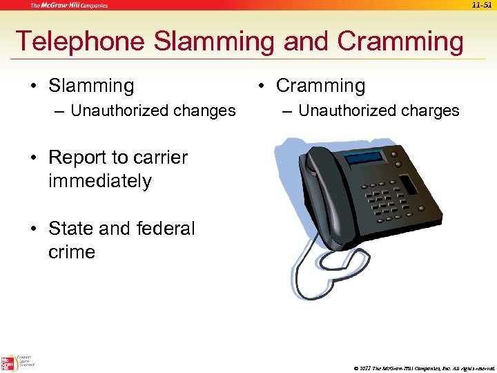 11 -51 Telephone Slamming and Cramming • Slamming – Unauthorized changes • Cramming –