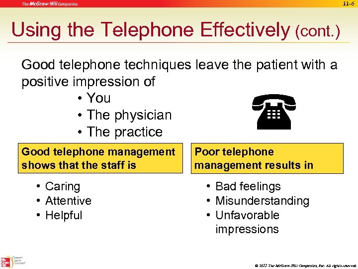 11 -6 Using the Telephone Effectively (cont. ) Good telephone techniques leave the patient