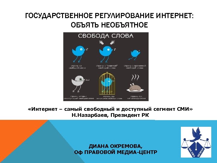 ГОСУДАРСТВЕННОЕ РЕГУЛИРОВАНИЕ ИНТЕРНЕТ: ОБЪЯТЬ НЕОБЪЯТНОЕ «Интернет – самый свободный и доступный сегмент СМИ» Н.