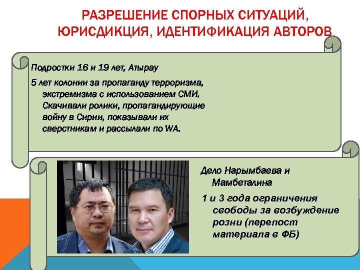 РАЗРЕШЕНИЕ СПОРНЫХ СИТУАЦИЙ, ЮРИСДИКЦИЯ, ИДЕНТИФИКАЦИЯ АВТОРОВ Подростки 16 и 19 лет, Атырау 5 лет