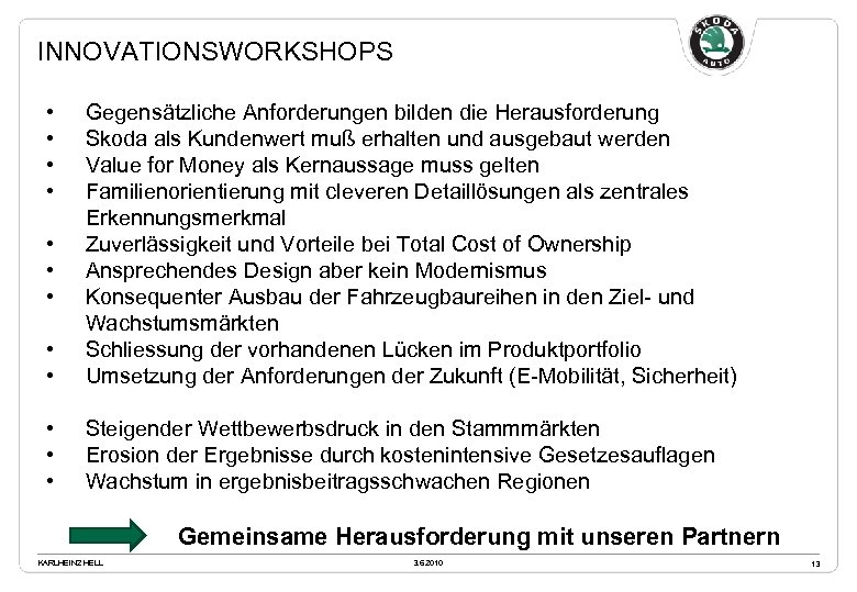 INNOVATIONSWORKSHOPS • • • Gegensätzliche Anforderungen bilden die Herausforderung Skoda als Kundenwert muß erhalten
