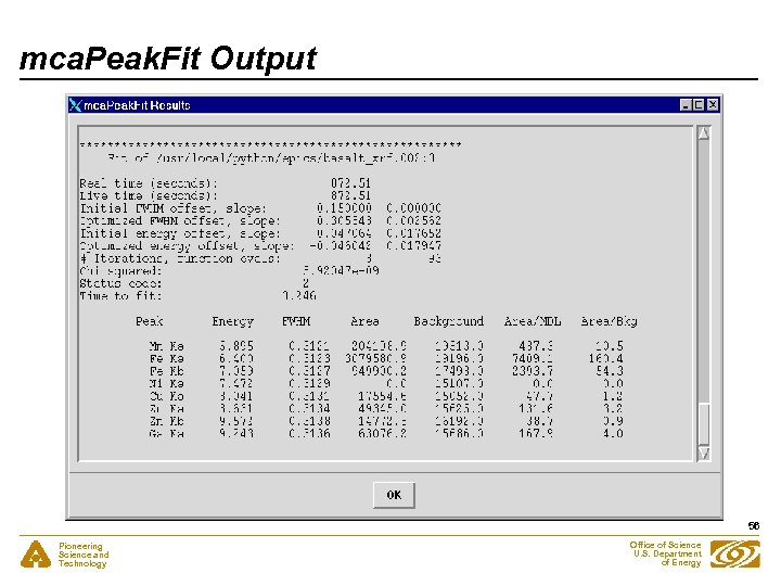 mca. Peak. Fit Output 56 Pioneering Science and Technology Office of Science U. S.