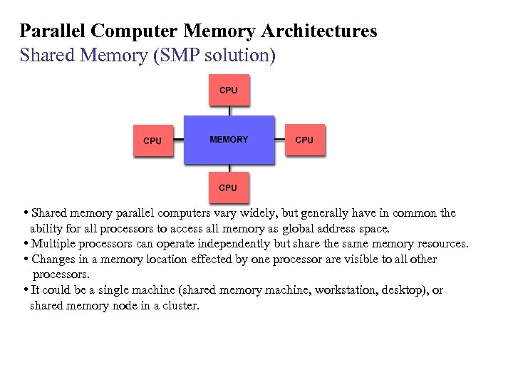 Parallel Computer Memory Architectures Shared Memory (SMP solution) • Shared memory parallel computers vary