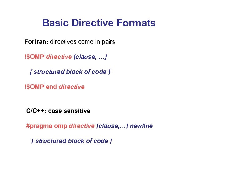 Basic Directive Formats Fortran: directives come in pairs !$OMP directive [clause, …] [ structured