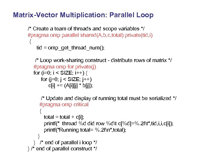 Matrix-Vector Multiplication: Parallel Loop /* Create a team of threads and scope variables */