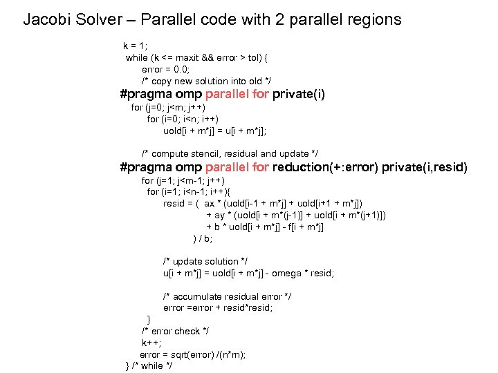 Jacobi Solver – Parallel code with 2 parallel regions k = 1; while (k
