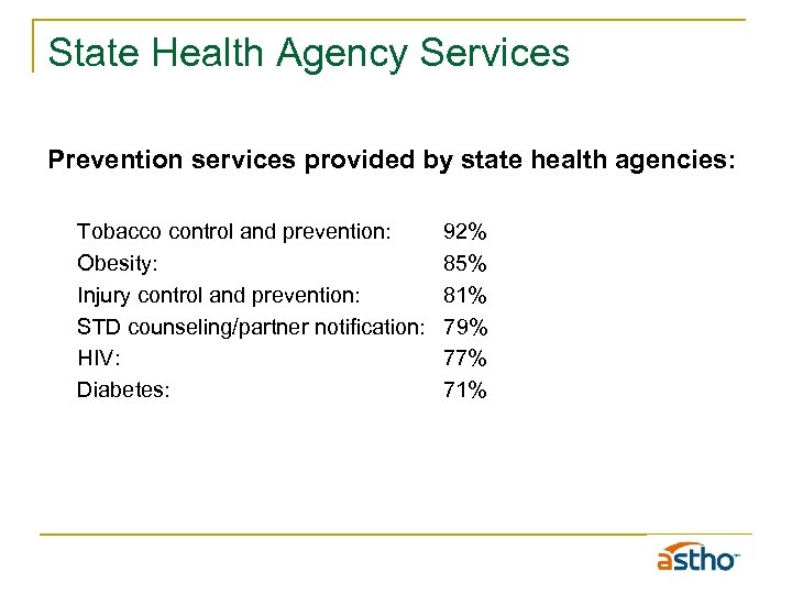 State Health Agency Services Prevention services provided by state health agencies: Tobacco control and
