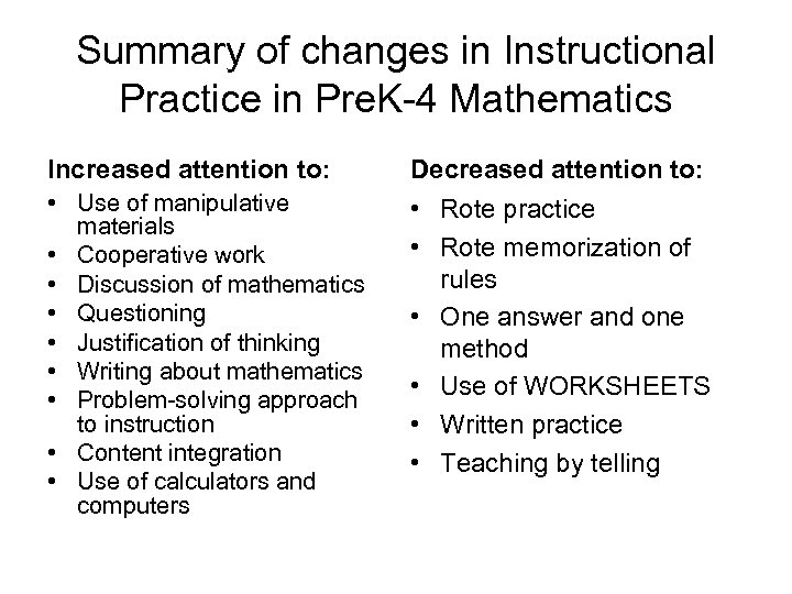 Summary of changes in Instructional Practice in Pre. K-4 Mathematics Increased attention to: Decreased