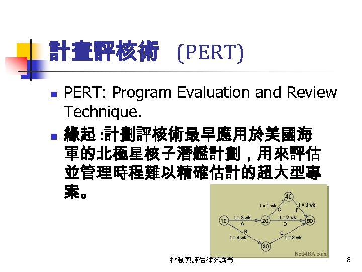 計畫評核術 (PERT) n n PERT: Program Evaluation and Review Technique. 緣起 : 計劃評核術最早應用於美國海 軍的北極星核子潛艦計劃，用來評估