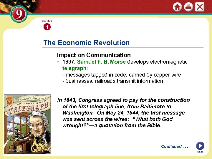 SECTION 1 The Economic Revolution Impact on Communication • 1837, Samuel F. B. Morse