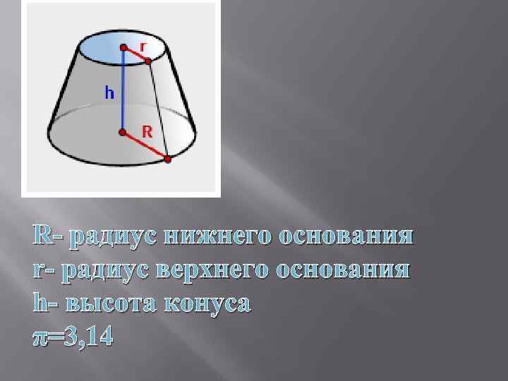 R- радиус нижнего основания r- радиус верхнего основания h- высота конуса π=3, 14 