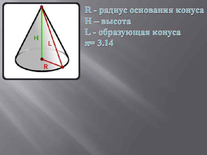 R - радиус основания конуса H – высота L - образующая конуса π= 3.