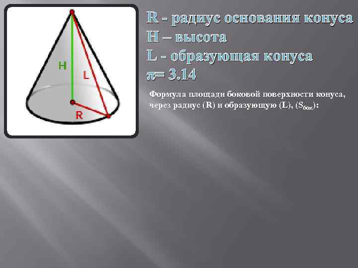 R - радиус основания конуса H – высота L - образующая конуса π= 3.