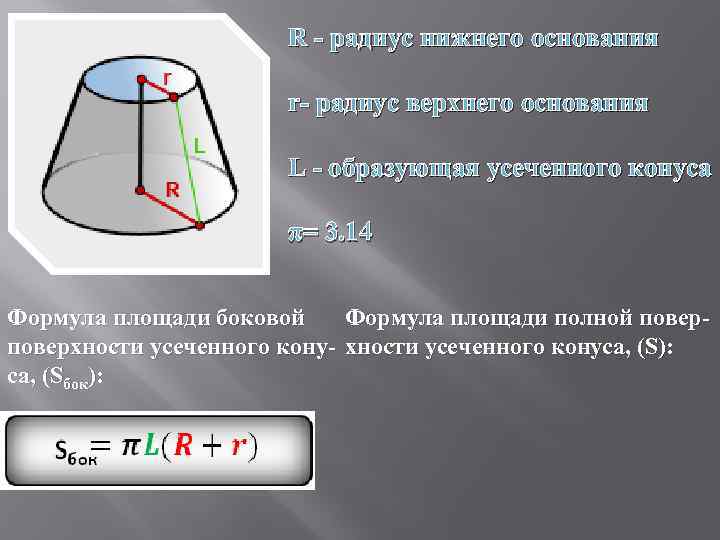 Образующие усеченного конуса равны. Боковая площадь усеченного конуса формула. Площадь боковой поверхности усечённого конуса формула. Формула образующей усеченного конуса. Площадь боковой поверхности усеченного конуса формула.