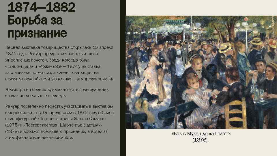 1874— 1882 Борьба за признание Первая выставка товарищества открылась 15 апреля 1874 года. Ренуар