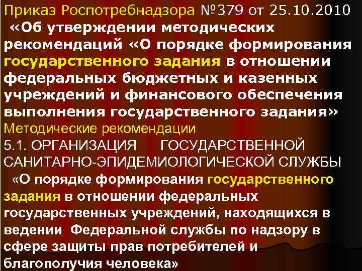 Приказ Роспотребнадзора № 379 от 25. 10. 2010 «Об утверждении методических рекомендаций «О порядке