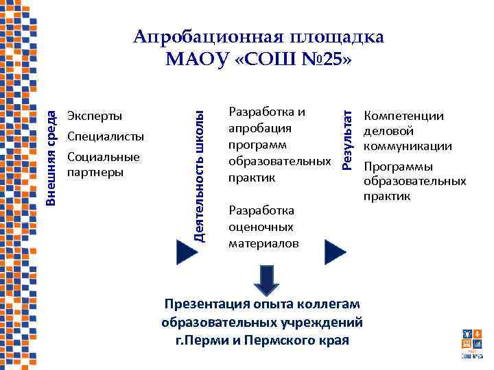 Специалисты Социальные партнеры Разработка и апробация программ образовательных практик Результат Эксперты Деятельность школы Внешняя